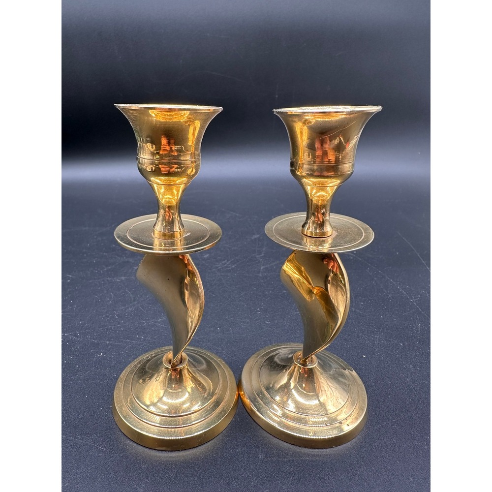 Vintage Brass Ribbon Candlestick Holders Pair Gold Taper Mid Century